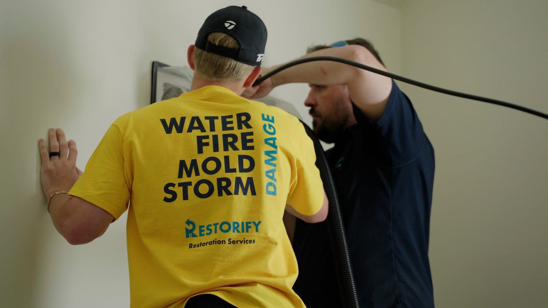 Restorify technicians removing mold-affected material under containment